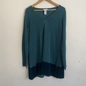 NWT Soft Surroundings Relaxed Linen Blend Tunic Top Green Velvet Look Hem Teal